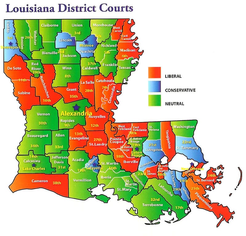 Illustration of a map of Louisiana district courts